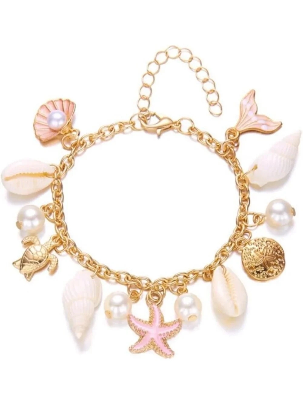 Bohemian Sea Themed Bracelet with Starfish, Seahorse, and Pearl Charms - Beach